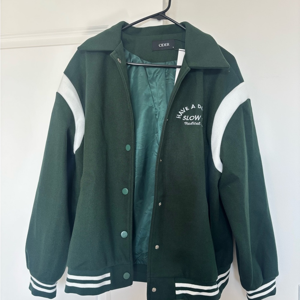 Cider Green Varsity Jacket with White Details